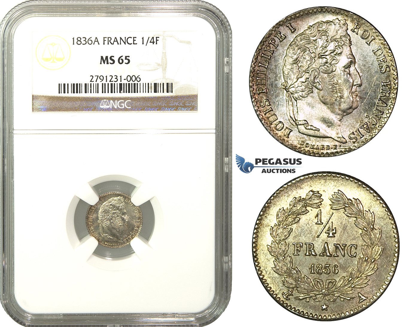M03, France, Louis Phillipe I, 1/4 Franc 1836-A, Paris, Silver, NGC MS65