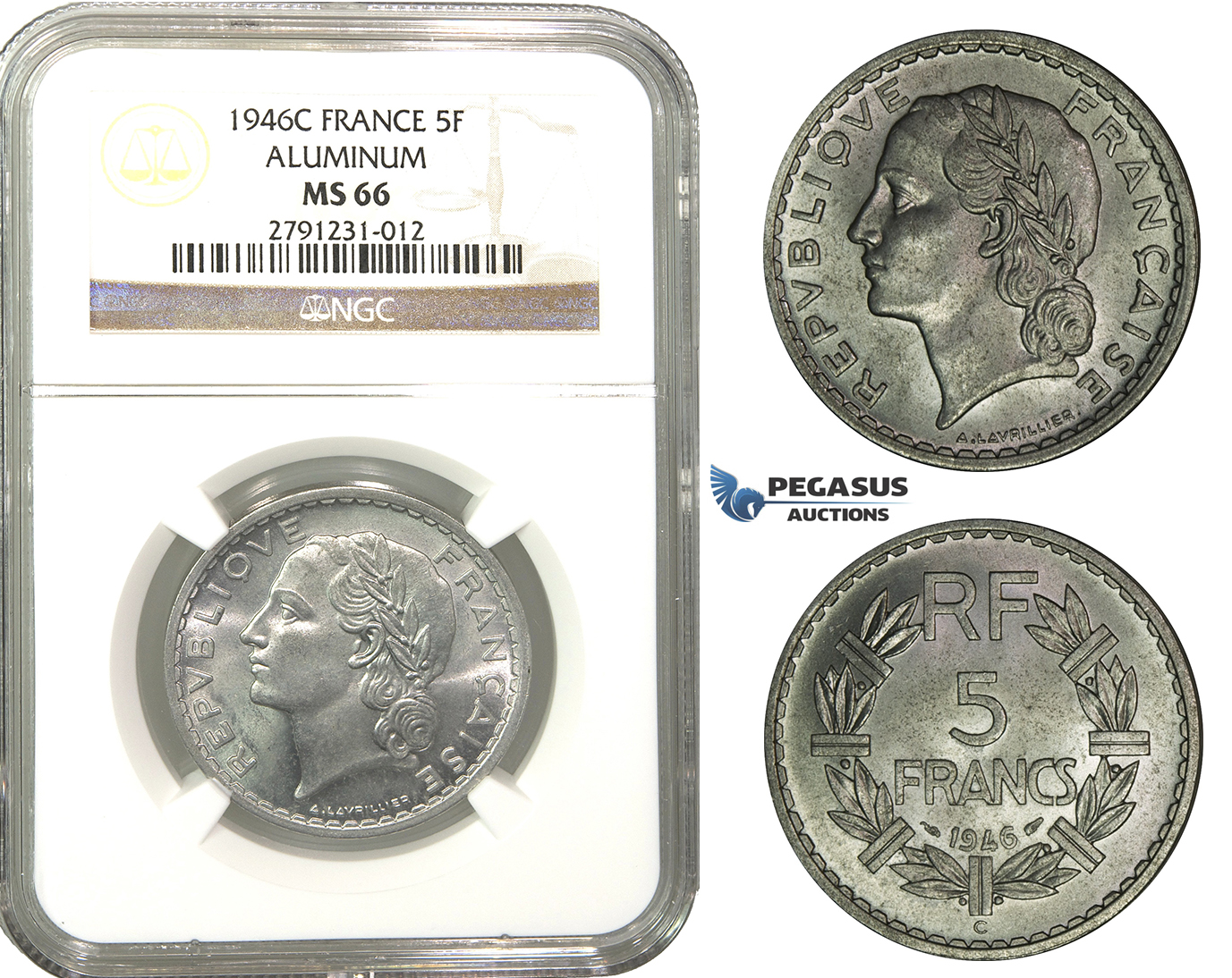 M08, France, De Gaulle's prov. gov., 5 Francs 1946-C, Paris, Aluminum, NGC MS66