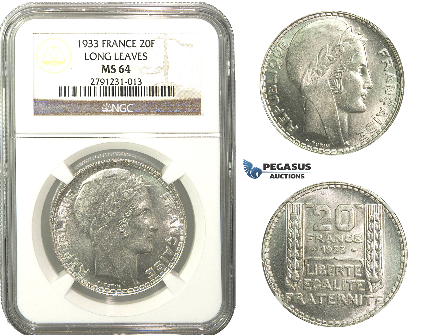 M09, France, 3rd Republic, 20 Francs 1933, Paris, Silver, NGC MS64