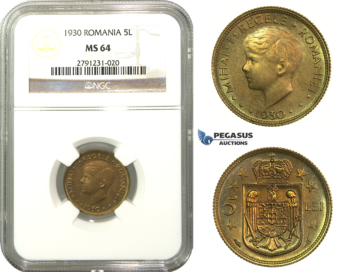 M16, Romania, Mihai I, 5 Lei 1930, London, NGC MS64