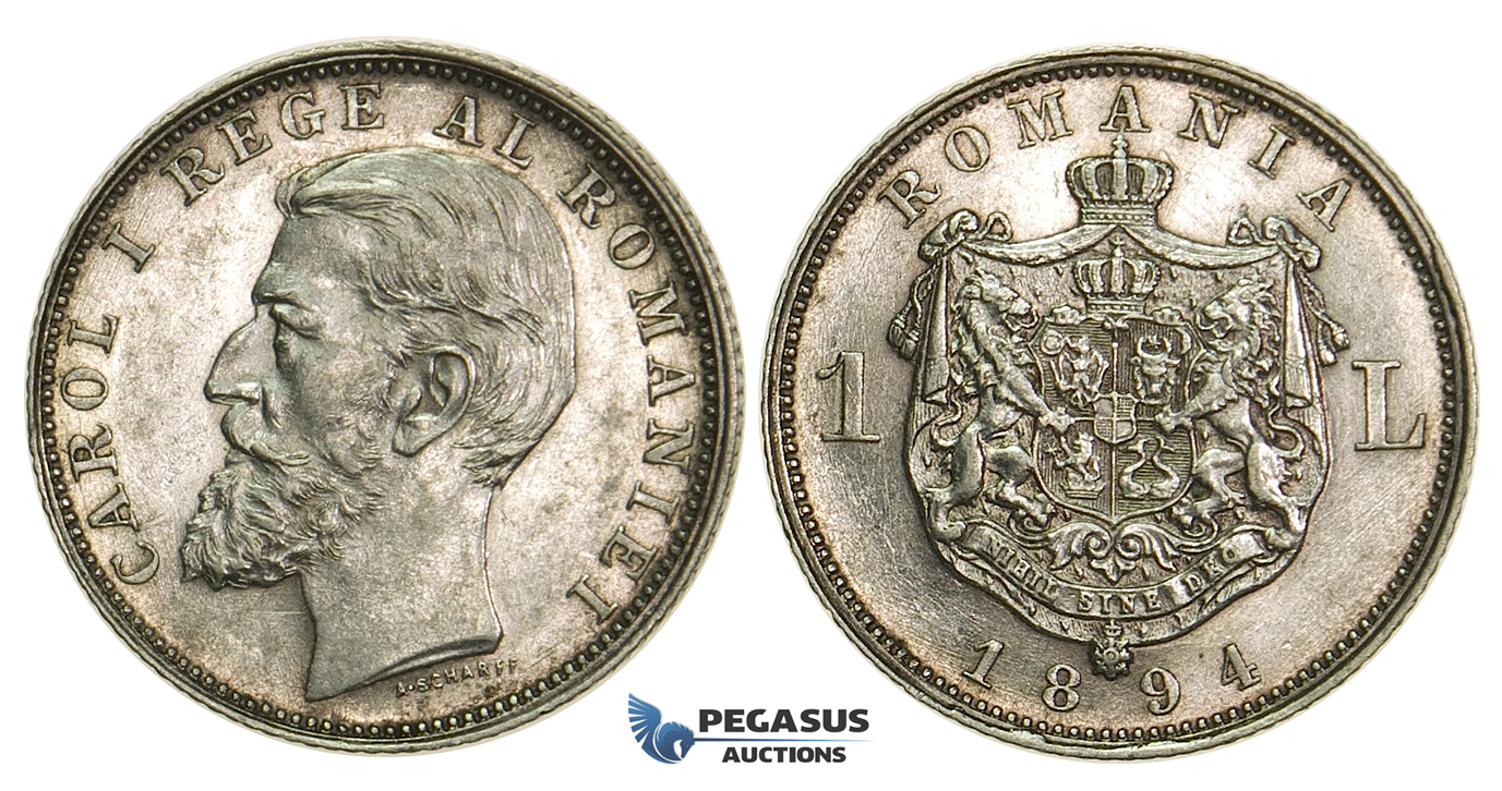 M21, Romania, Carol I, 1 Leu 1894, Silver, Brussels, High Grade (Minor cleaning)