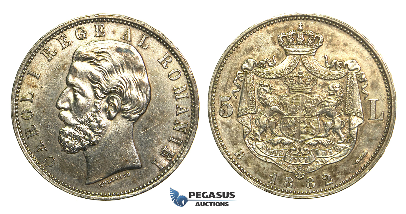 M22, Romania, Carol I, 5 Lei 1882, Bucharest, Silver, High Grade (Light cleaning)