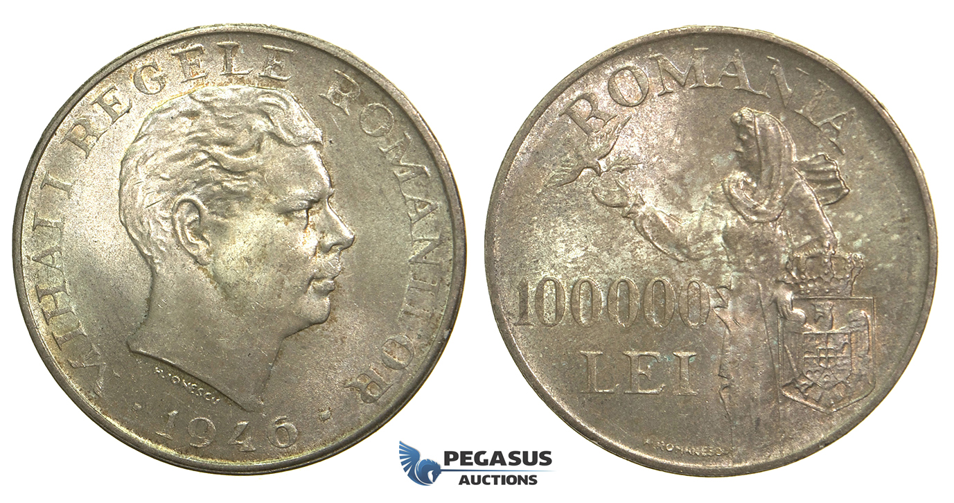 M25, Romania, Mihai I, 100.000 Lei 1946, Silver, Toned Choice UNC