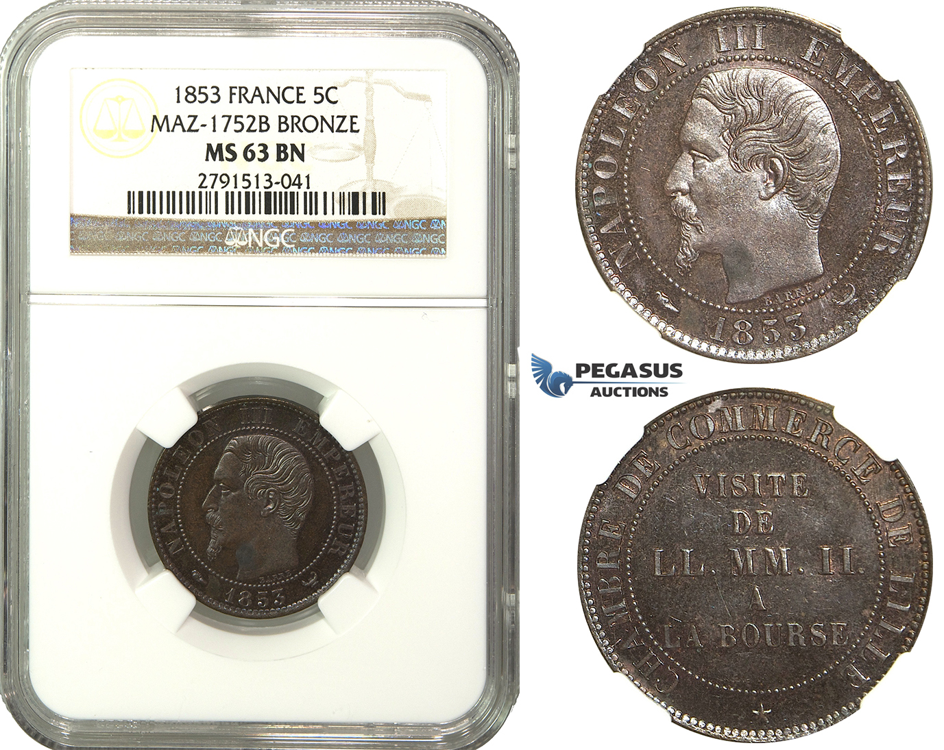 M38, France, Napoleon III, "Bourse Visit" 5 Centimes 1853, NGC MS63BN