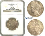 M41, France, 3rd Republic, CERES 2 Francs 1871-A (Large A) Paris, Silver, NGC MS64