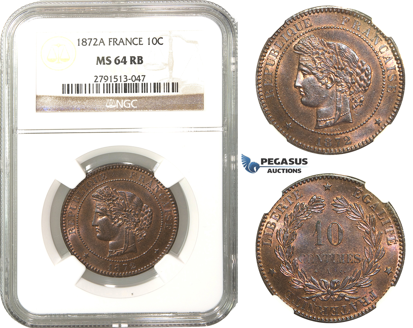 M42, France, 3rd Repubic, 10 Centimes 1872-A, Paris, NGC MS64RB