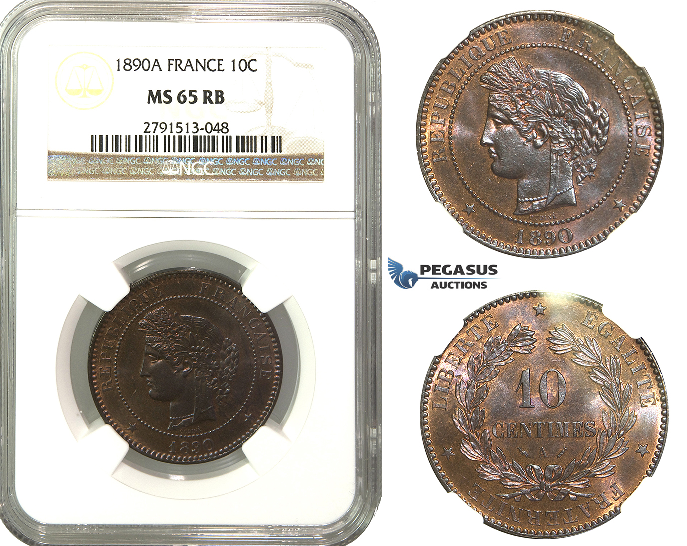 M43, France, 3rd Repubic, 10 Centimes 1890-A, Paris, NGC MS65RB