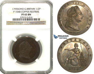 M48, Great Britain, George III, Pattern Restrike Half Penny 1795-SOHO, NGC PF65BN (Pop 1/1, Finest)