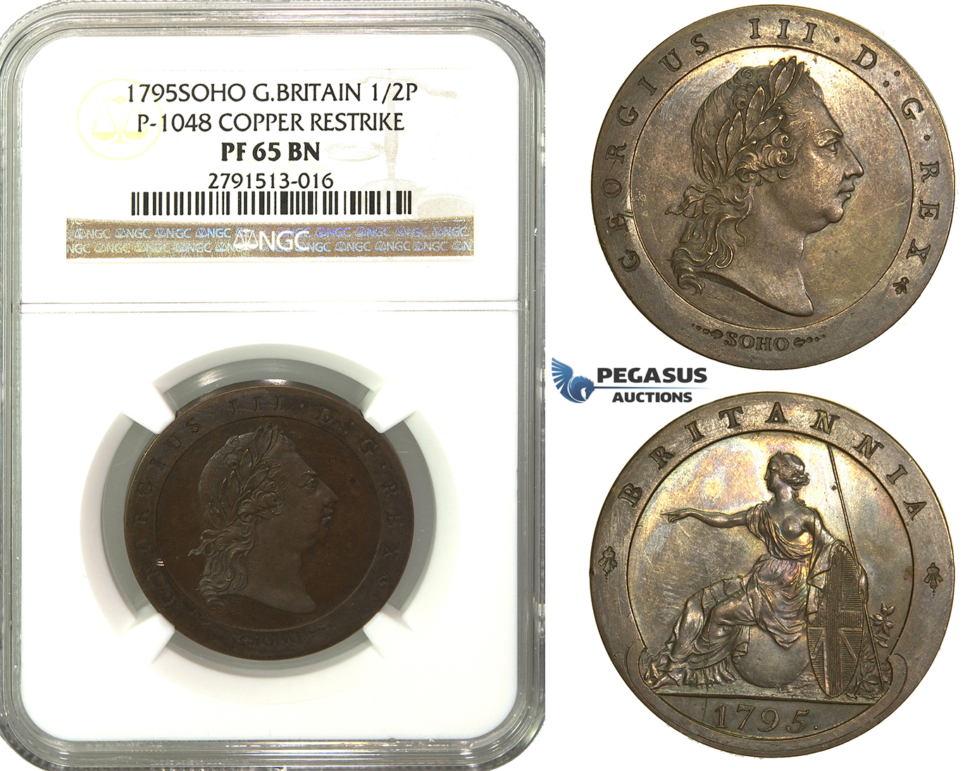 M48, Great Britain, George III, Pattern Restrike Half Penny 1795-SOHO, NGC PF65BN (Pop 1/1, Finest)