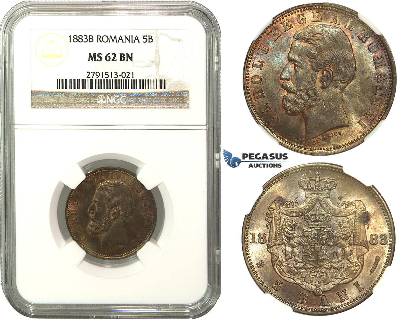M55, Romania, Carol I, 5 Bani 1883, Bucharest, NGC MS62BN, Rare!