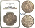 M59, Romania, Carol I, 5 Lei 1901, Hamburg, Silver, NGC MS63, Purple Toning!