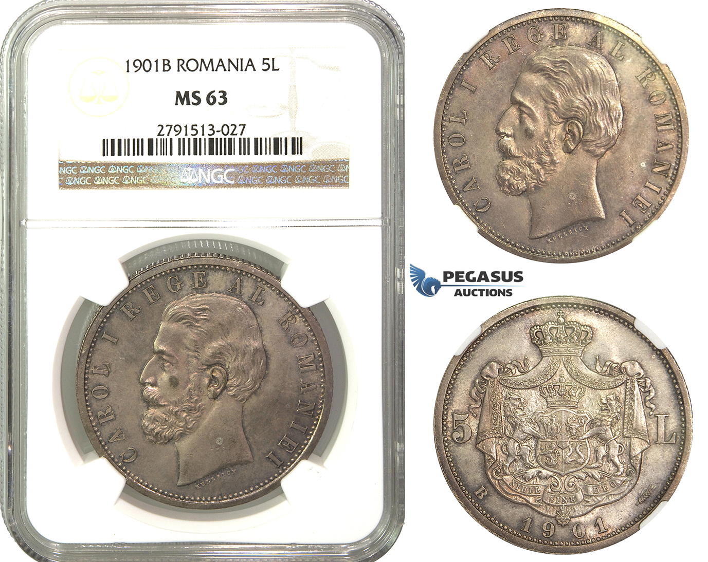 M59, Romania, Carol I, 5 Lei 1901, Hamburg, Silver, NGC MS63, Purple Toning!