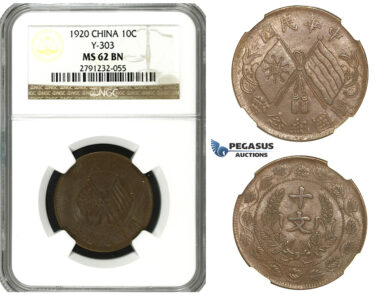 M75, China, 10 Cash 1920, NGC MS62BN Y-302