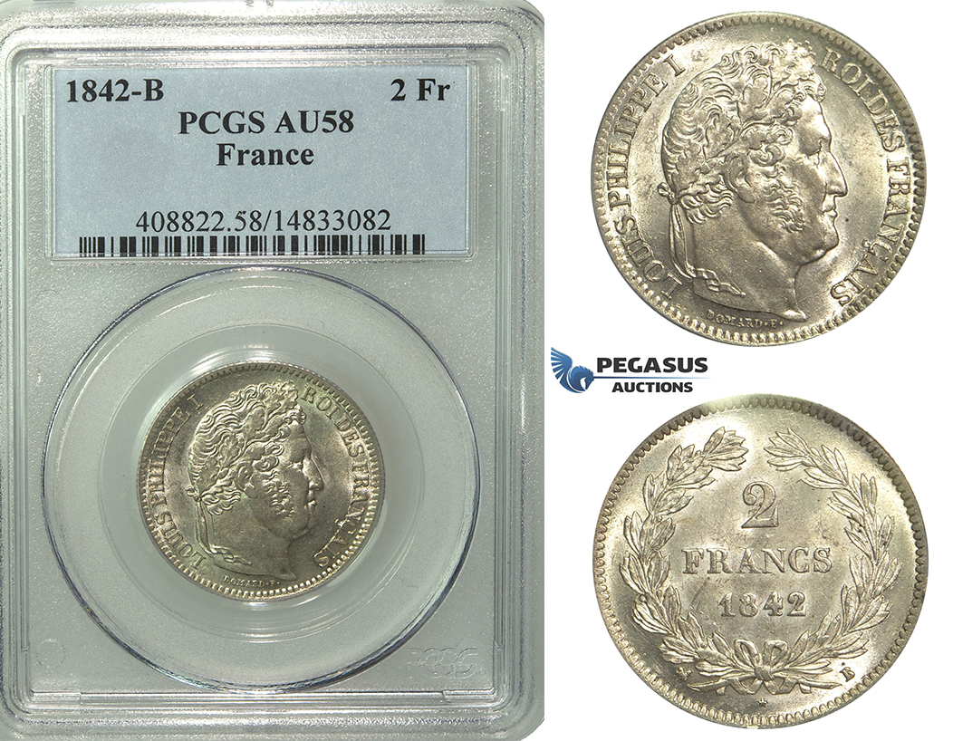 M93, France, Louis Philippe I, 2 Francs 1842-B, Rouen, Silver, PCGS AU58
