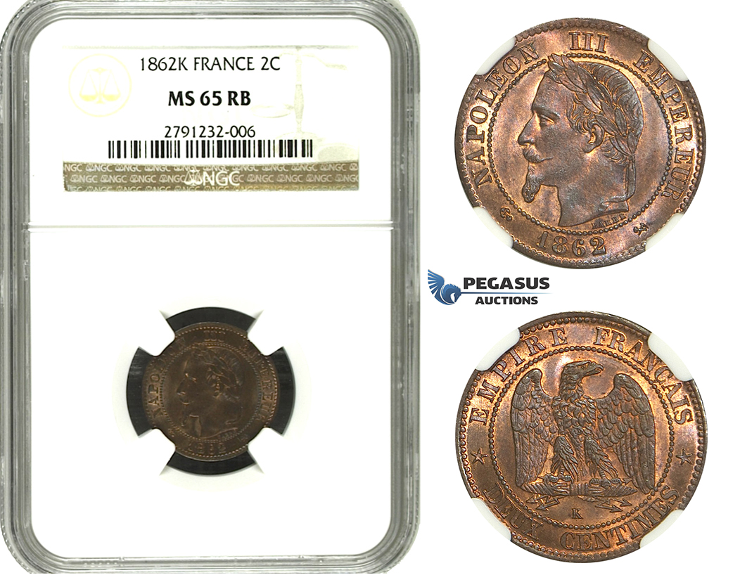 M94, France, Napoleon III, 2 Centimes 1862-K, Bordeaux, NGC MS65RB