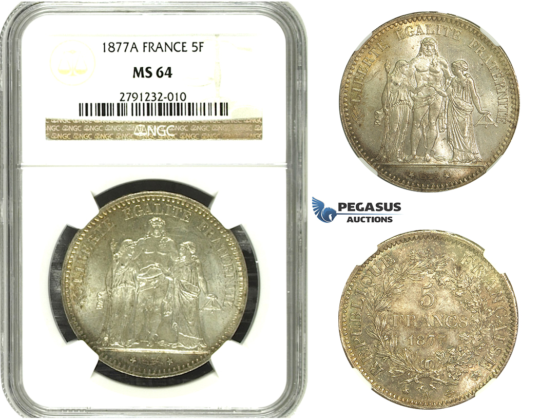 M96, France, 3rd Republic, 5 Francs 1877-A, Paris, Silver, NGC MS64 Fine toning!