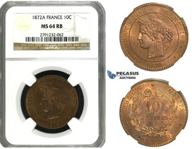 M98, France, 3rd Republic, 10 Centimes 1872-A, Paris, NGC MS64RB