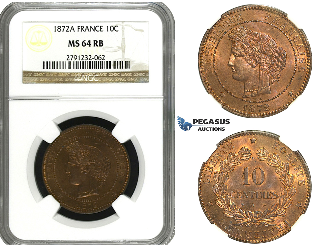 M98, France, 3rd Republic, 10 Centimes 1872-A, Paris, NGC MS64RB