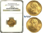 N14, Romania, Carol I, 20 Lei 1906, Brussels, Gold, NGC MS63