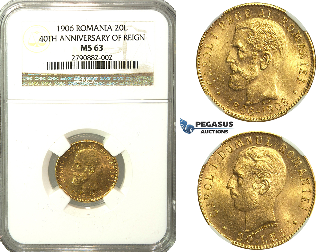 N14, Romania, Carol I, 20 Lei 1906, Brussels, Gold, NGC MS63