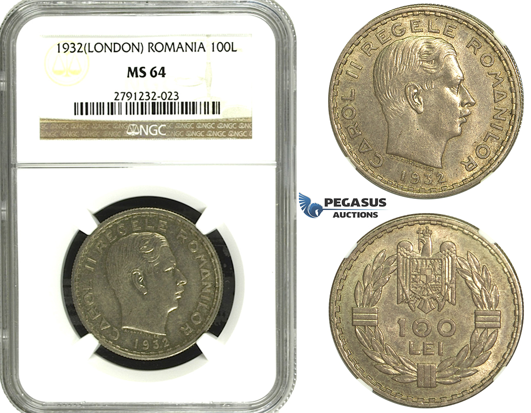 N16, Romania, Carol II, 100 Lei 1932, London, Silver, NGC MS64