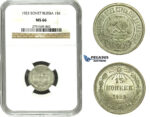 N30, Russia (Soviet Union) 15 Kopeks 1923, Silver, Leningrad, NGC MS66