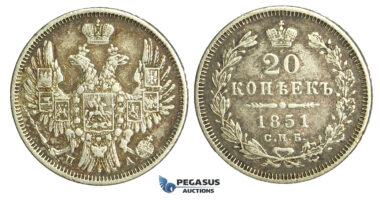 N50, Russia, Nicholas I, 20 Kopeks 1851 СПБ-ПА, St. Petersburg, Silver, Nice!