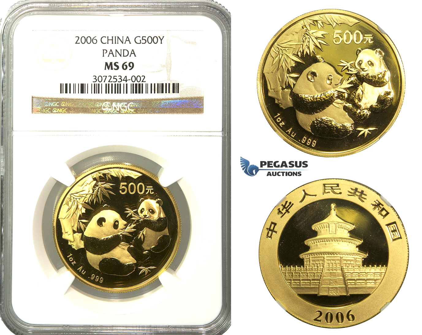 N74, China, 500 Yuan 2006 (Gold Panda) 1 Oz. (.999 Fine gold) NGC MS69