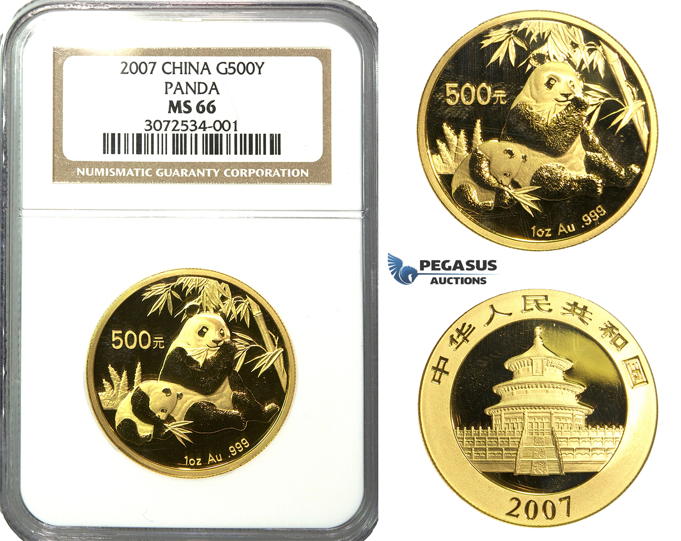N75, China, 500 Yuan 2007 (Gold Panda) 1 Oz. (.999 Fine gold) NGC MS66
