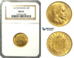 N78, France, Napoleon III, 20 Francs 1867-BB, Strasbourg, Gold, NGC MS65