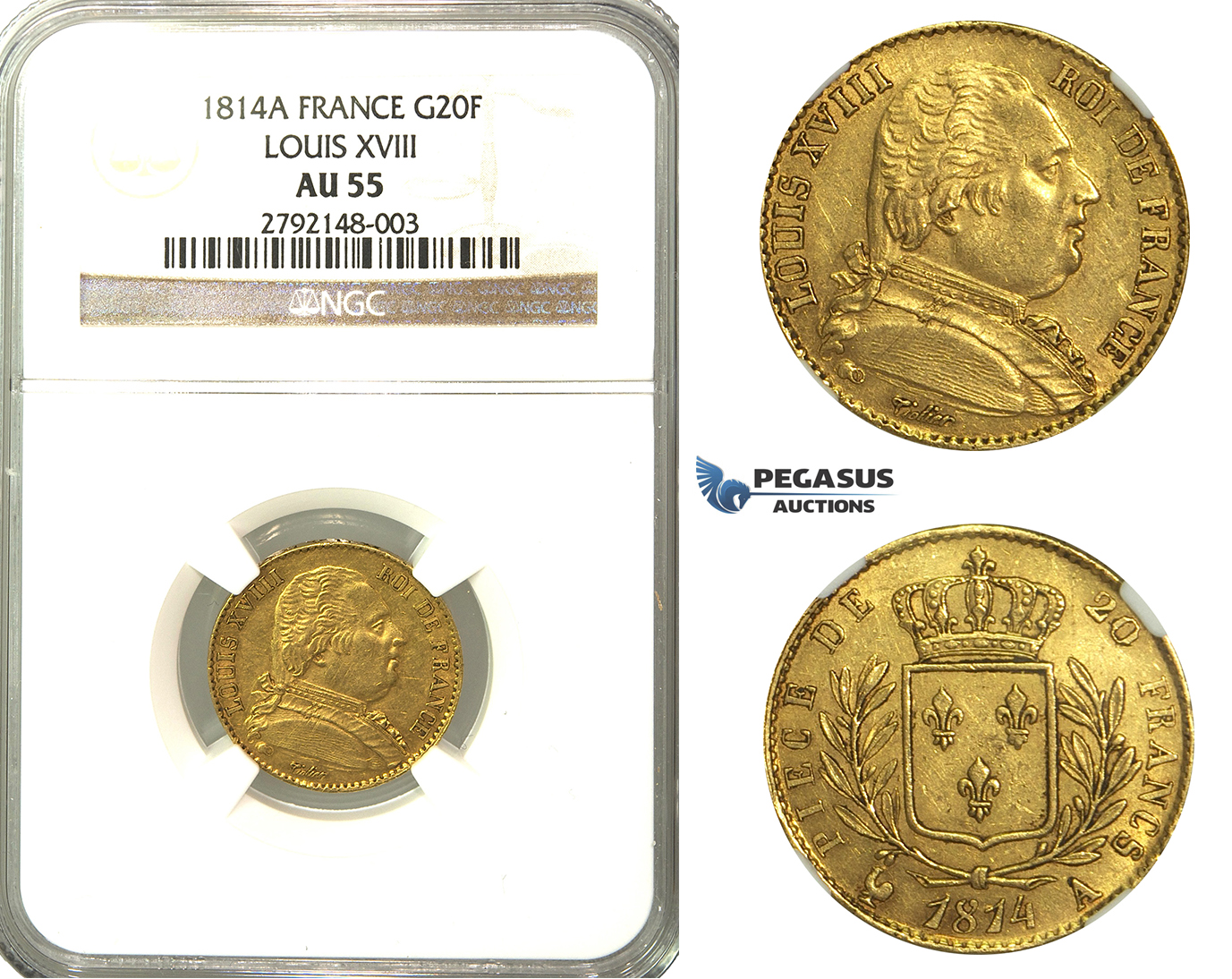 N83, France, Louis XVIII, 20 Francs 1814-A, Paris, Gold, NGC AU55