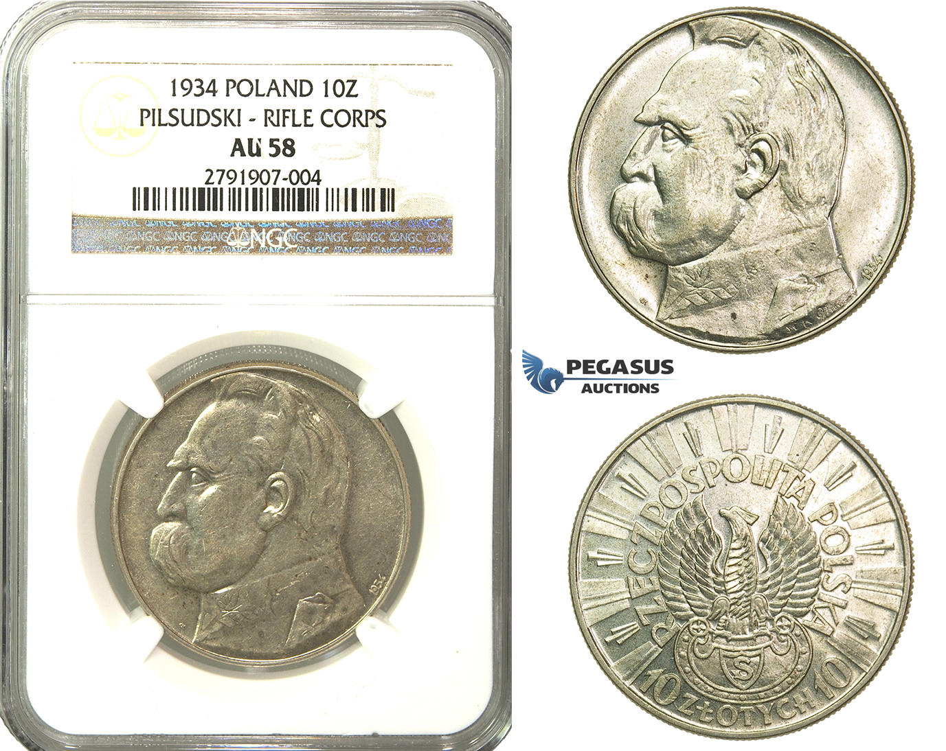 N87, Poland, 10 Zlotych 1934 "Pilsudski - Rifle corps" Silver, NGC AU58