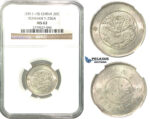 O03, China, Yunnan, 1 Mace 4.4 Candareens (20 Cents) ND (1911-15) Silver, L&M 423, NGC MS62, Rare!