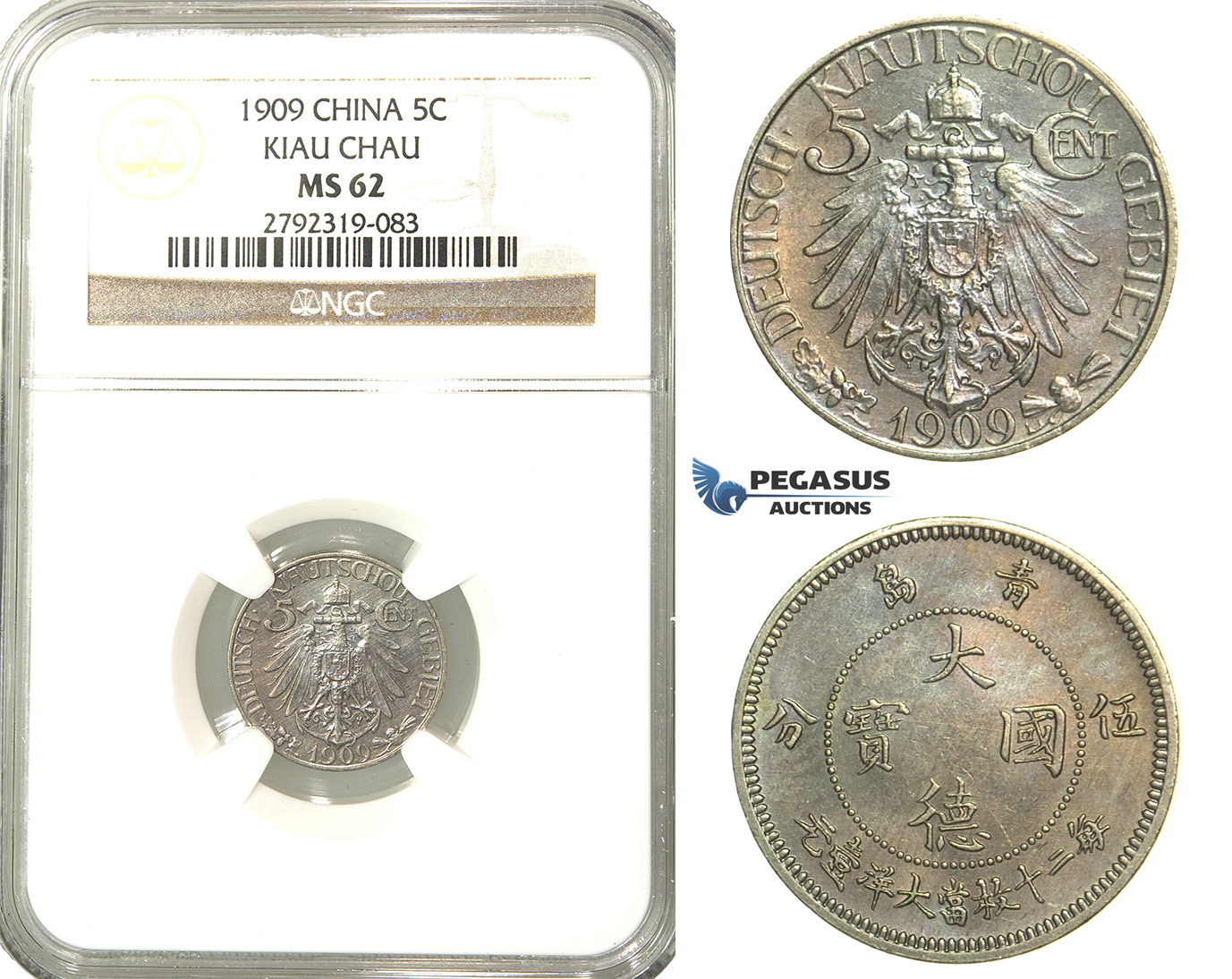 O04, China, Kiau Chau, 5 Cents 1909, NGC MS62