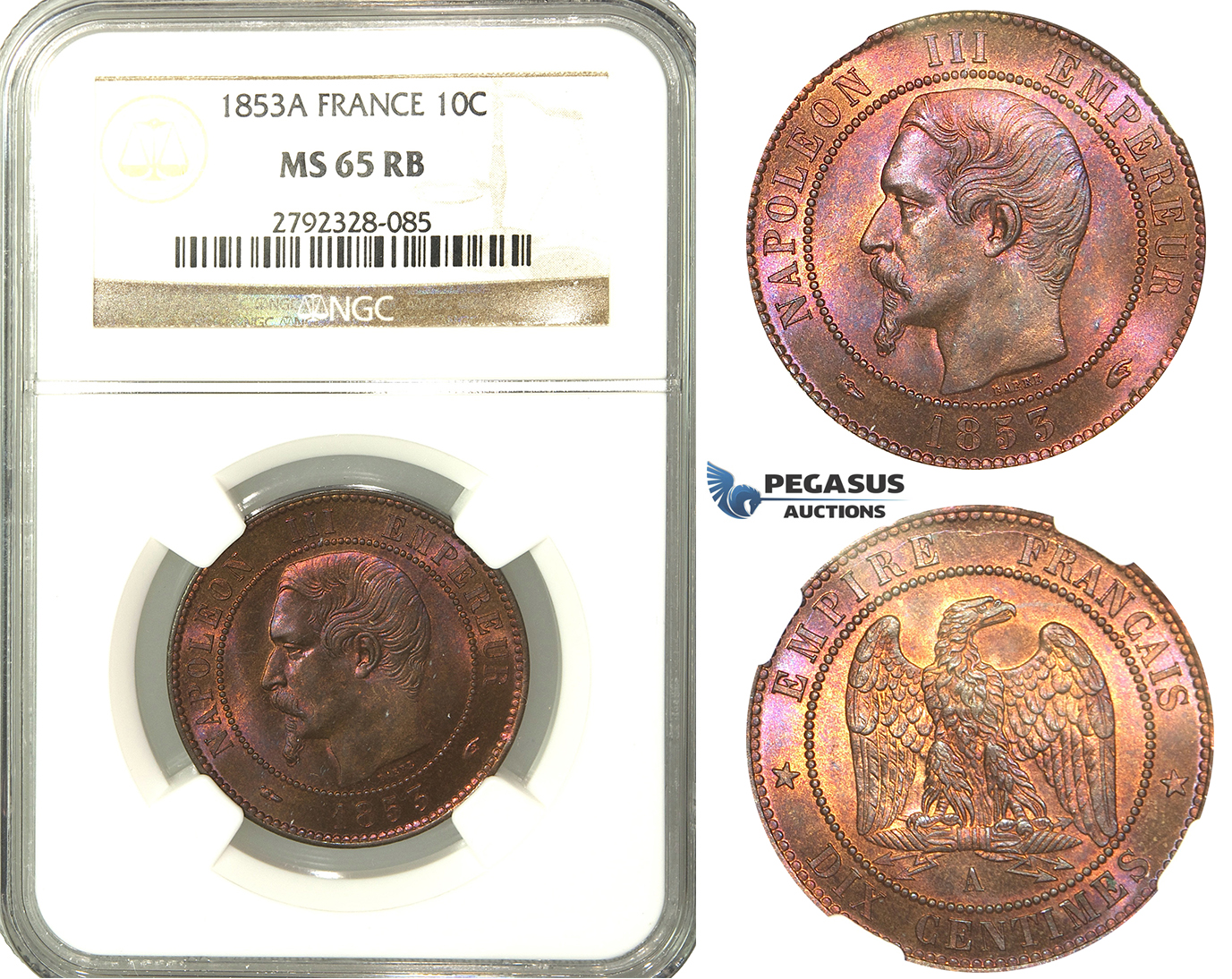 O08, France, Napoleon III, 10 Centimes 1853-A, Paris, NGC MS65RB