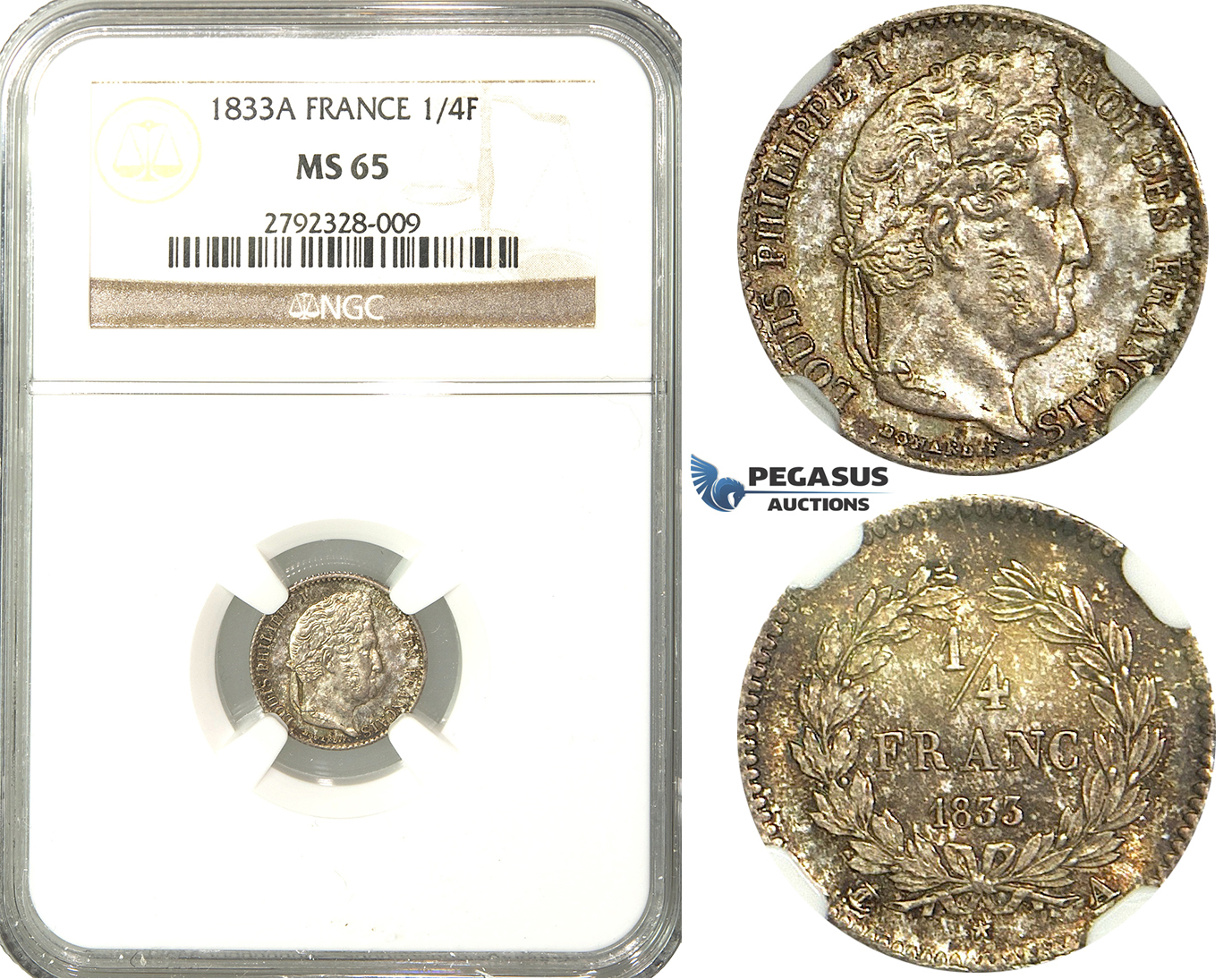 O09, France, Louis Philippe, 1/4 Franc 1833-A, Paris, Silver, NGC MS65 (Pop 1/1, Finest)