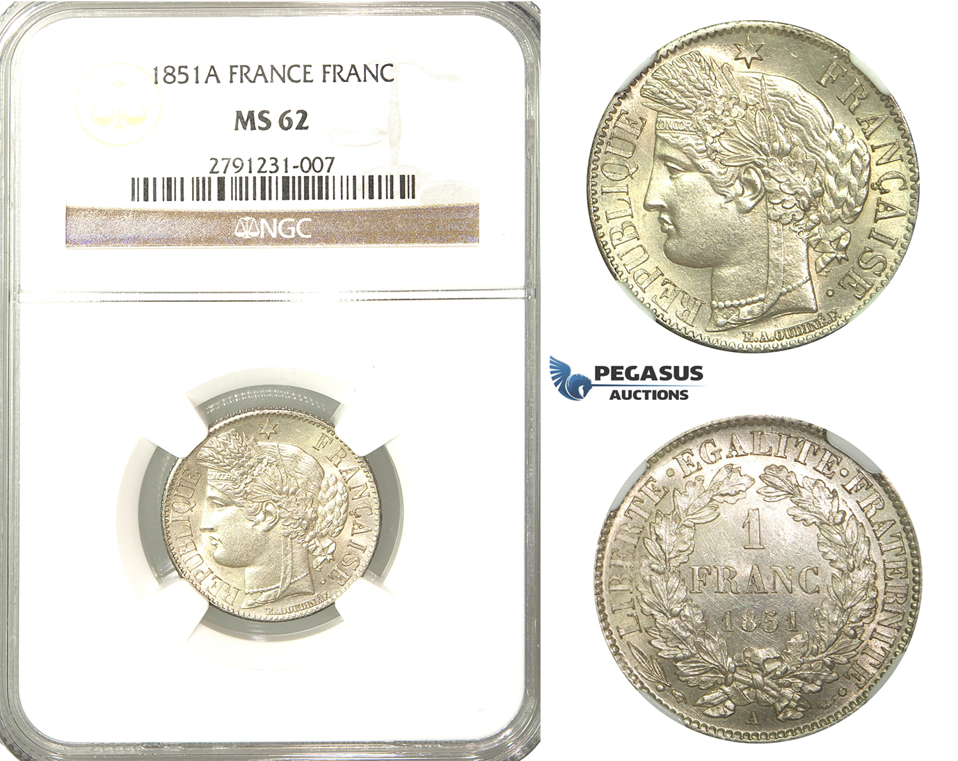 O10, France, 3rd Republic, CERES Franc 1851-A, Paris, Silver, NGC MS62