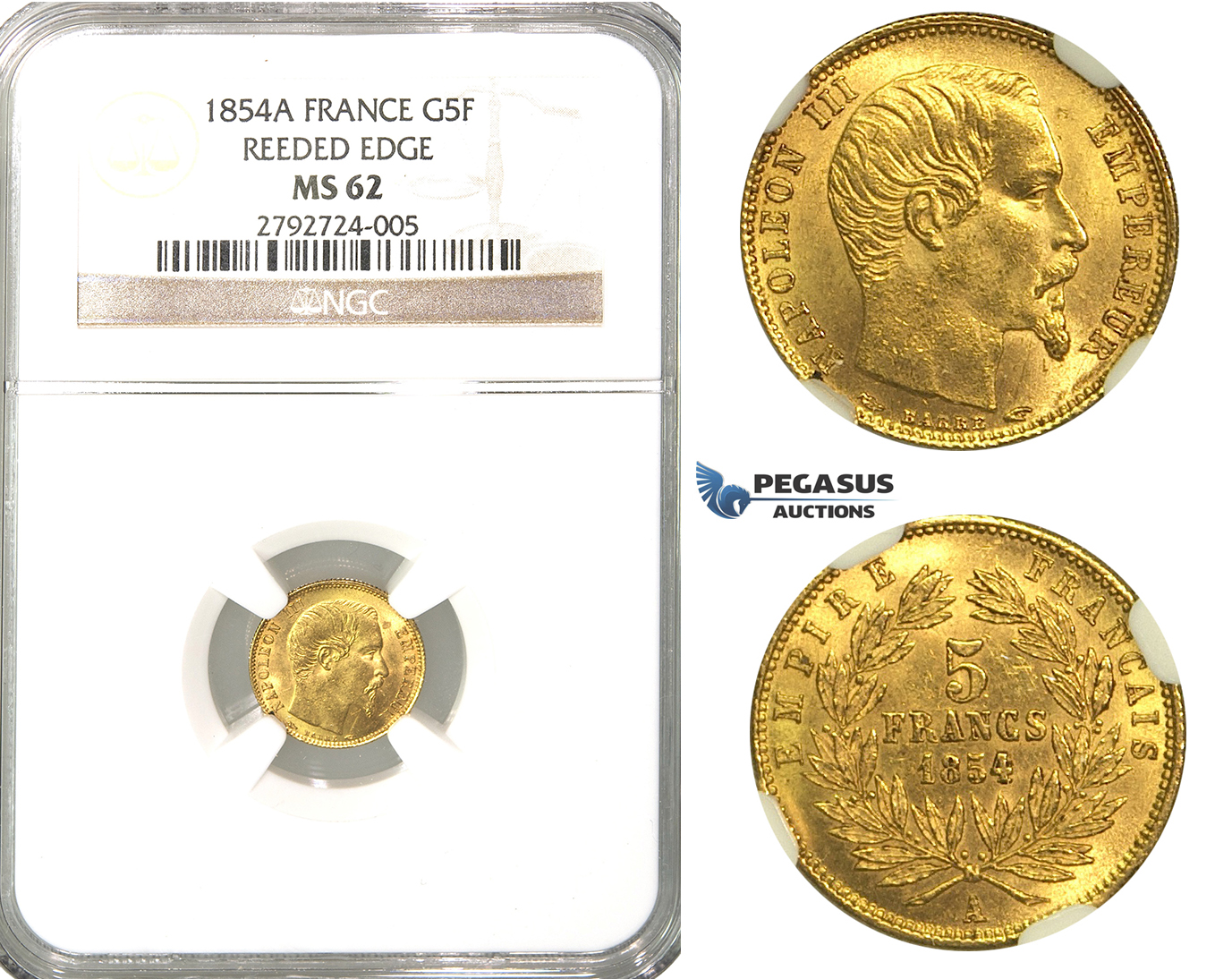 O81, France, Napoleon III, 5 Francs 1854-A (Reeded edge) Paris, Gold, NGC MS62