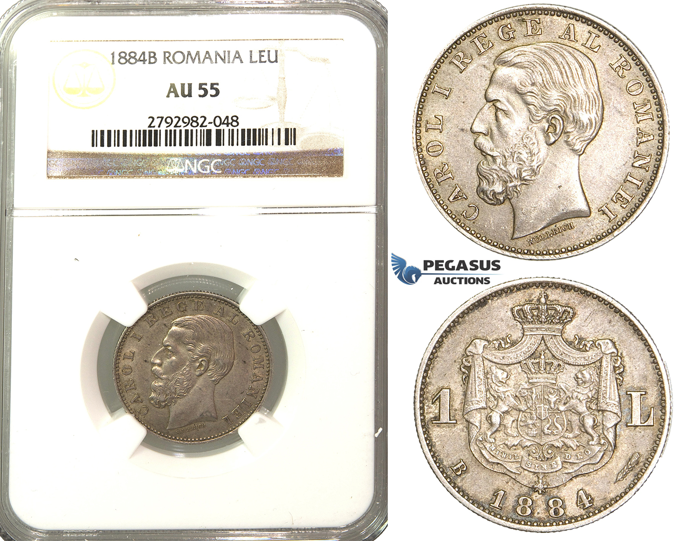 O89, Romania, Carol I, 1 Leu 1884-B, Bucharest, Silver, NGC AU55