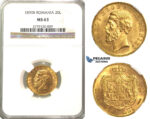 O90, Romania, Carol I, 20 Lei 1890-B, Bucharest, Gold, NGC MS63