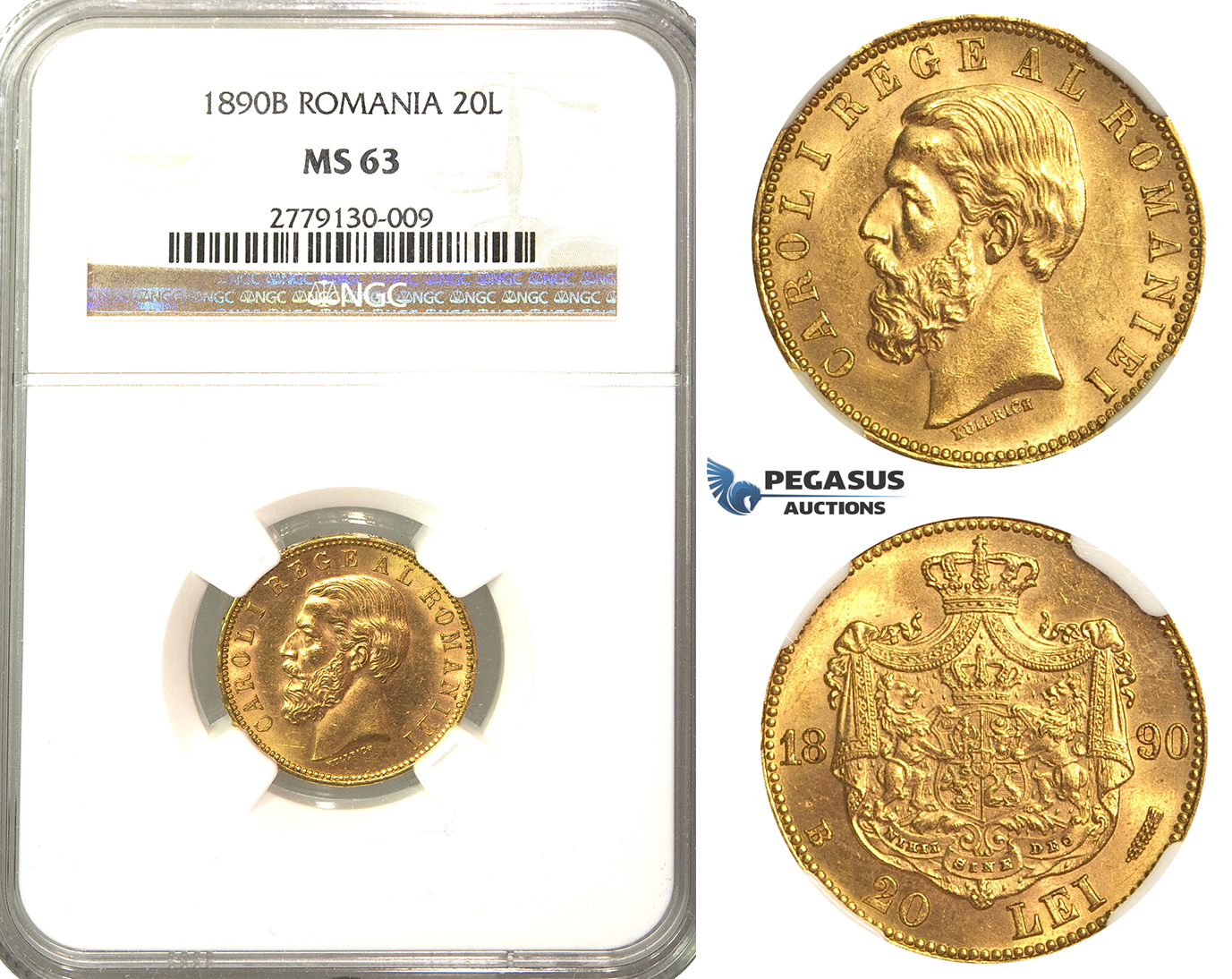 O90, Romania, Carol I, 20 Lei 1890-B, Bucharest, Gold, NGC MS63