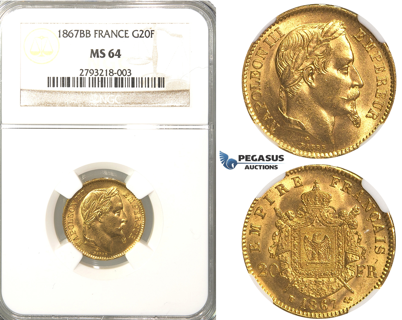 P19, France, Napoleon III, 20 Francs 1867-BB, Strasbourg, Gold, NGC MS64