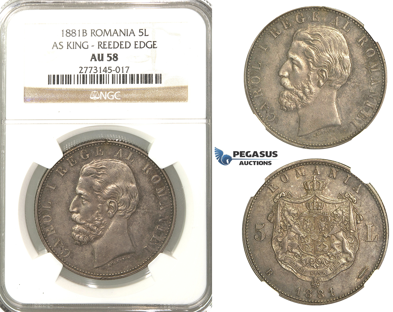 P20, Romania, Carol I, 5 Lei 1881-B, Bucharest (As King) Silver, NGC AU58, Rare!
