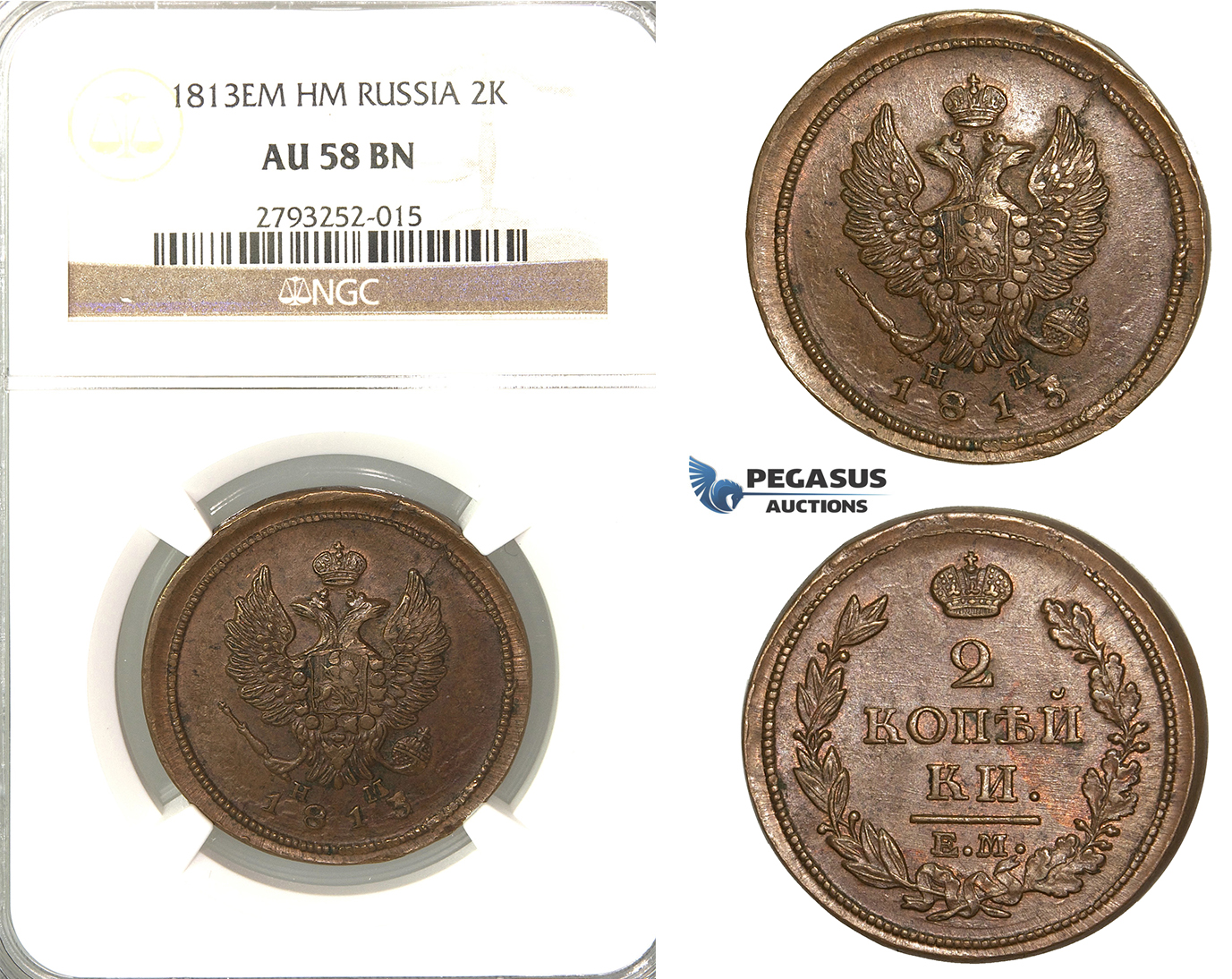 P84, Russia, Alexander I, 2 Kopeks 1813 EM/HM, Ekaterinburg, NGC AU58BN