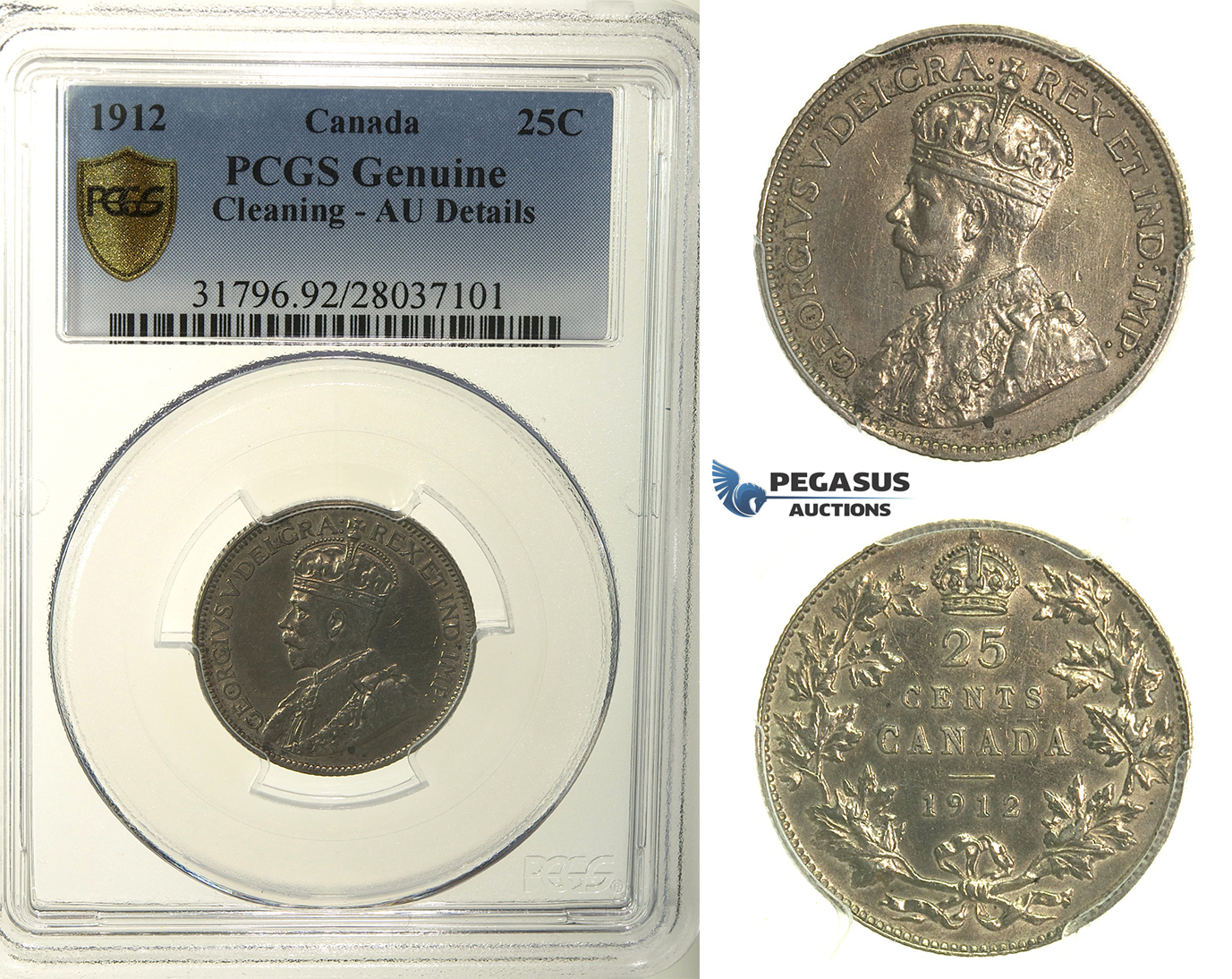 R115, Canada, George V, 25 Cents 1912, Silver, PCGS AU Details