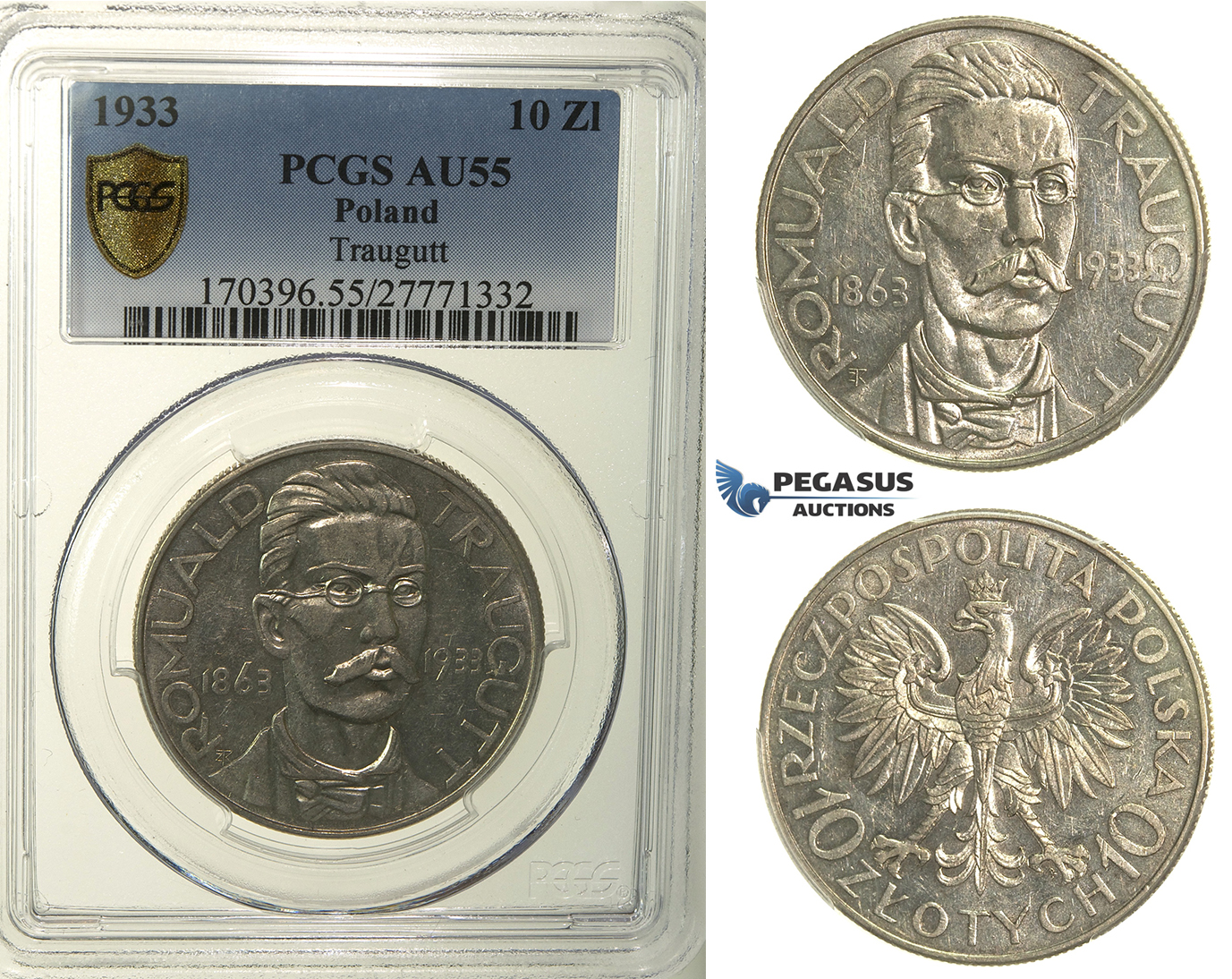 R156, Poland, 10 Zlotych 1933 (Traugutt) Warsaw, Silver, PCGS AU55