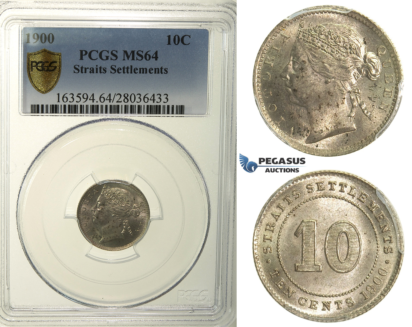 R165, Straits Settlements, Victoria, 10 Cents 1900, Silver, PCGS MS64