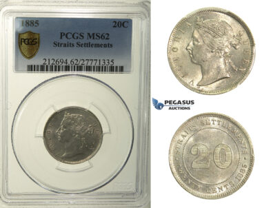 R166, Straits Settlements, Victoria, 20 Cents 1885, Silver, PCGS MS62, Rare!