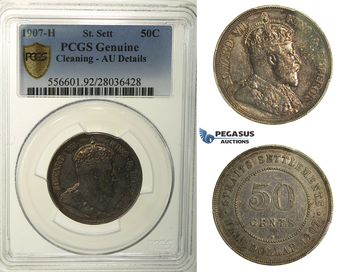 R168, Straits Settlements, Edward VII, 50 Cents 1907-H, Heaton, Silver, PCGS AU Details