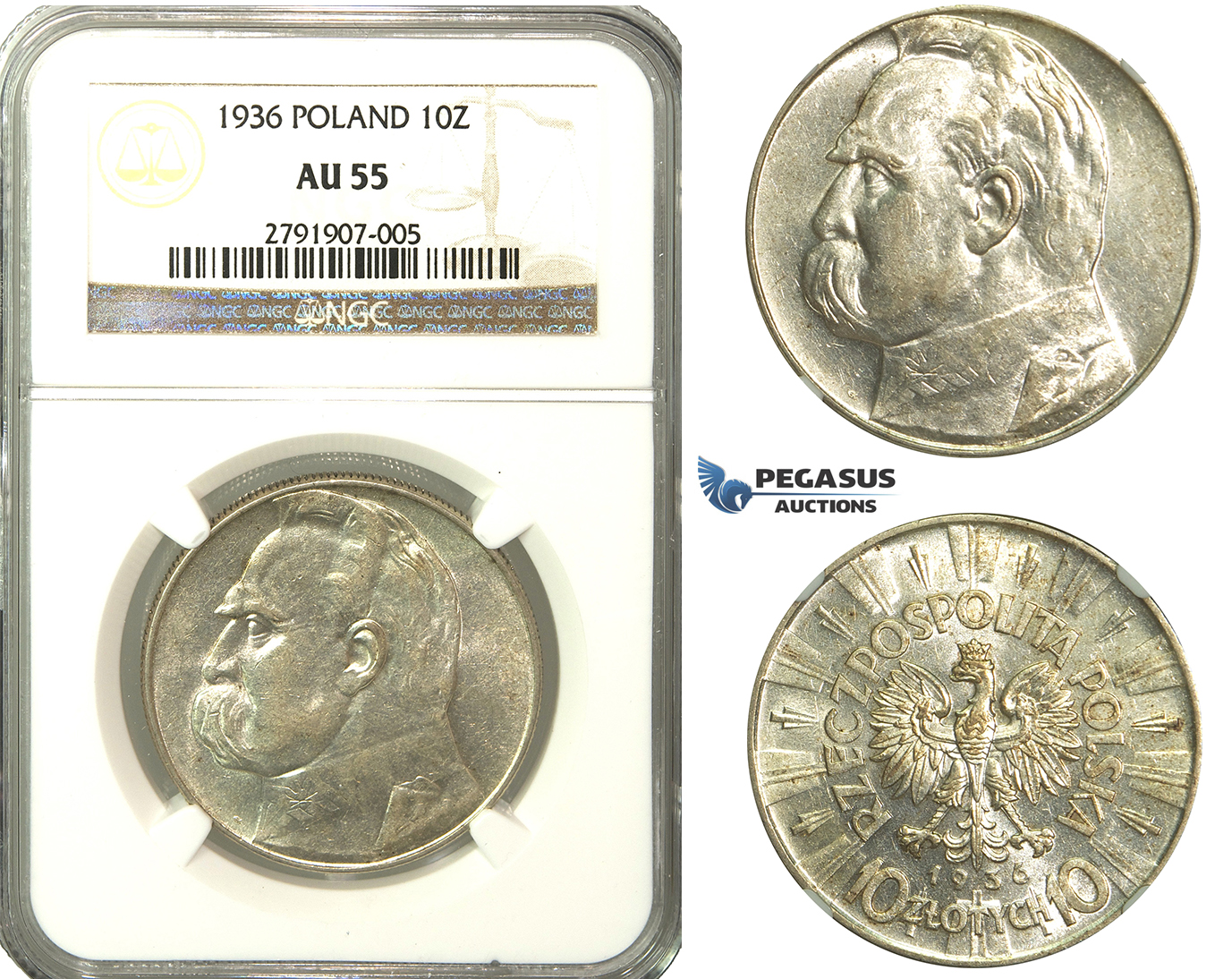 R175, Poland, 10 Zlotych 1936, Silver, NGC AU55